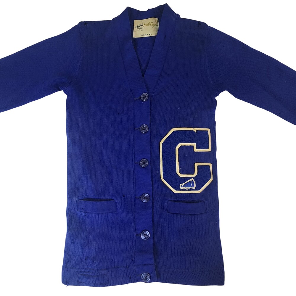 Vintage 50s Wool Cardigan Sweater College School North Carolina C Blue FLAWS